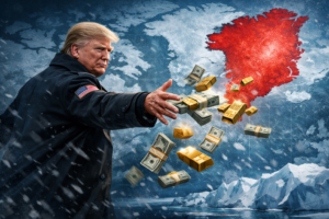 Donald Trump vor einer Karte Grönlands in einer angespannten geopolitischen Inszenierung