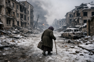 Fotorealistisches KI-Bild einer zerstörten ukrainischen Stadt im Winter, in der eine ältere Frau allein durch eine kriegsverwüstete Straße geht