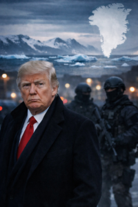 Donald Trump vor winterlichem Hintergrund mit ICE-Einsatzkräften und symbolischer Darstellung Grönlands