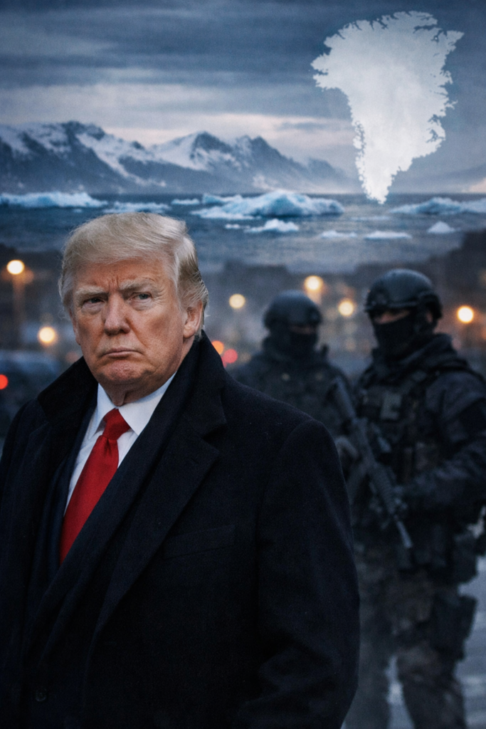Donald Trump vor winterlichem Hintergrund mit ICE-Einsatzkräften und symbolischer Darstellung Grönlands