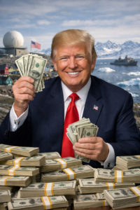 Donald Trump präsentiert Geld vor arktischer Kulisse als Symbol für seine geopolitischen Ambitionen in Grönland