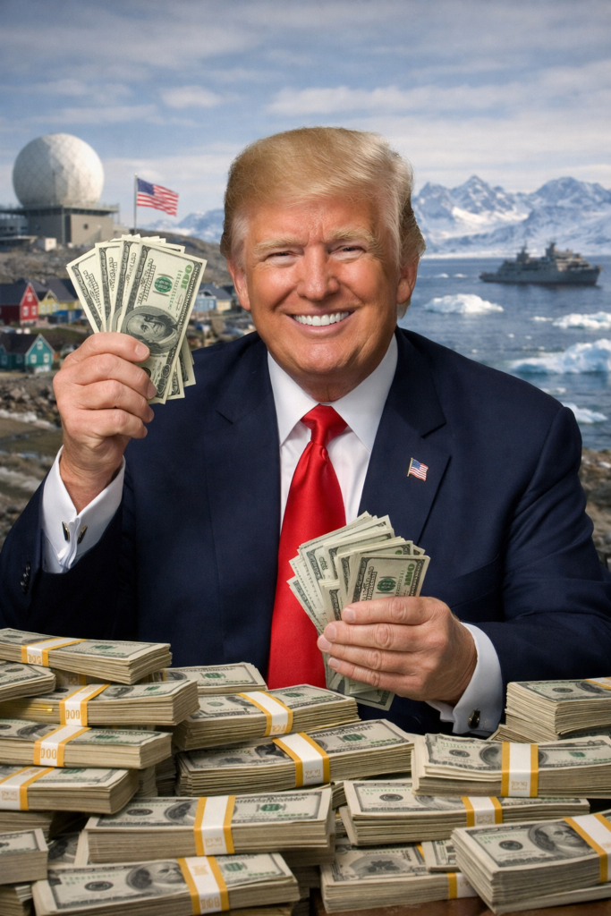 Donald Trump präsentiert Geld vor arktischer Kulisse als Symbol für seine geopolitischen Ambitionen in Grönland
