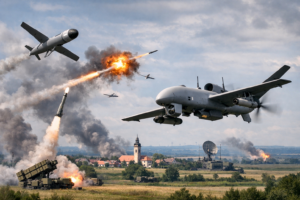 Taktische Militärdrohne und Loitering Munition im Einsatz – Symbolbild für Lücken in der europäischen Luftverteidigung