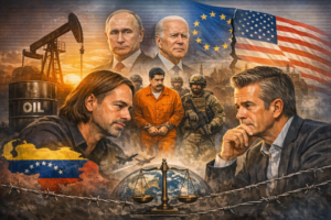Illustration zur Podcastfolge Lanz & Precht über Venezuela: Geopolitische Machtpolitik, Völkerrecht, Ölinteressen und internationale Akteure im Spannungsfeld zwischen USA, Europa und Russland