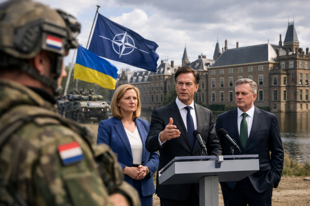 Fotorealistisches KI-Bild einer sicherheitspolitischen Pressekonferenz in Den Haag mit niederländischen Regierungsvertretern vor dem Binnenhof, im Vordergrund ein niederländischer Soldat, im Hintergrund NATO- und Ukraine-Flaggen als Symbol für Bündnis- und Verteidigungspolitik.