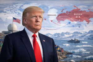 Donald Trump vor arktischer Kulisse mit geopolitischer Karte als Symbol für Machtpolitik rund um Grönland