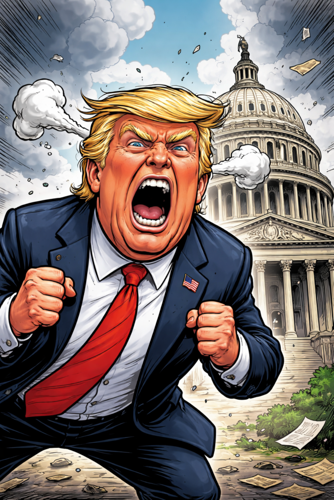 Trump wütend auf US Kapitol. KI-generiert (gemeinfrei nutzbar)