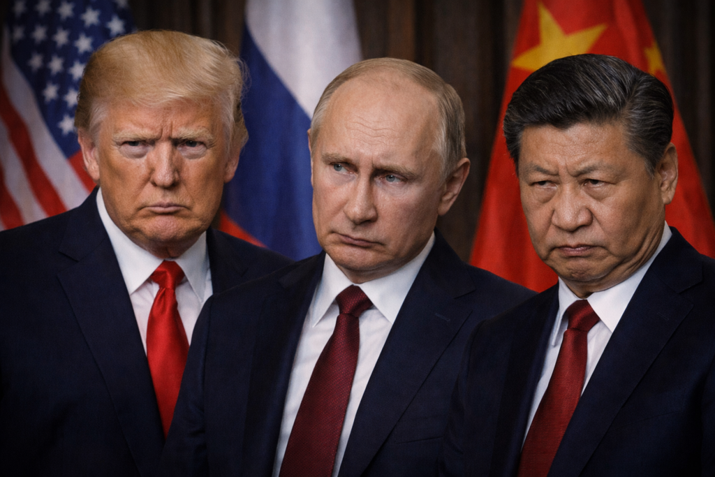 Donald Trump, Wladimir Putin und Xi Jinping mit ernsten Blicken vor ihren Nationalflaggen als Symbol globaler Machtkonkurrenz