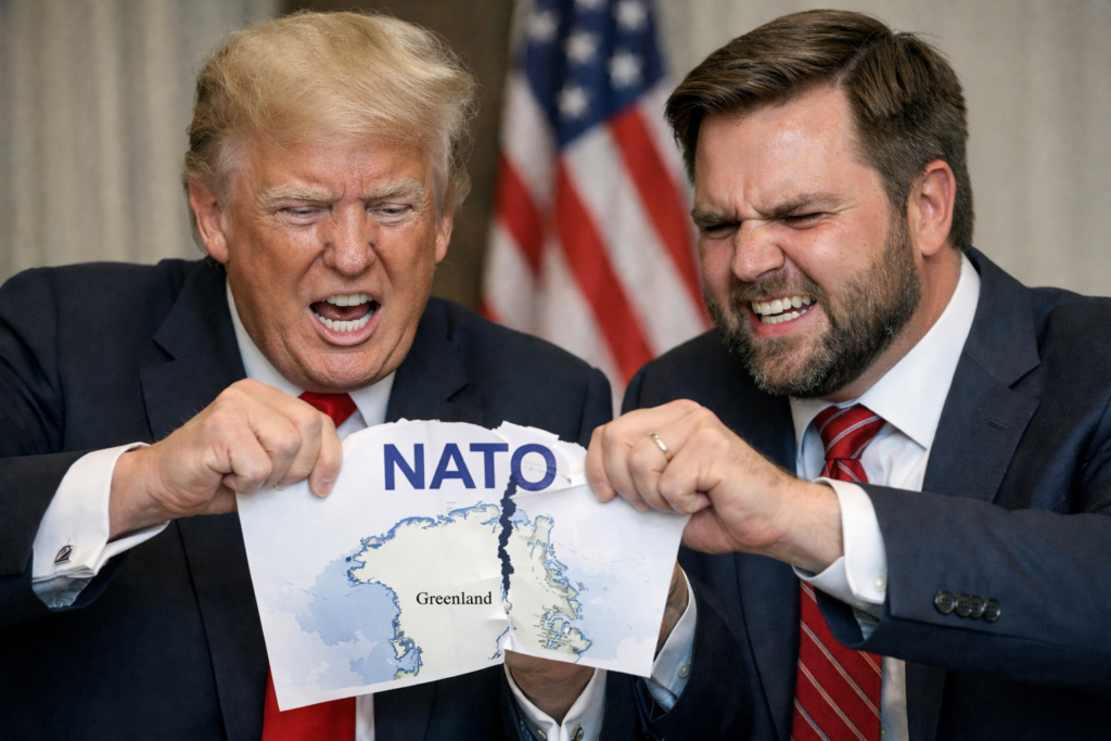 Donald Trump und JD Vance zerreißen ein Blatt Papier mit der Aufschrift NATO und einer Karte von Grönland – symbolische Darstellung transatlantischer Spannungen