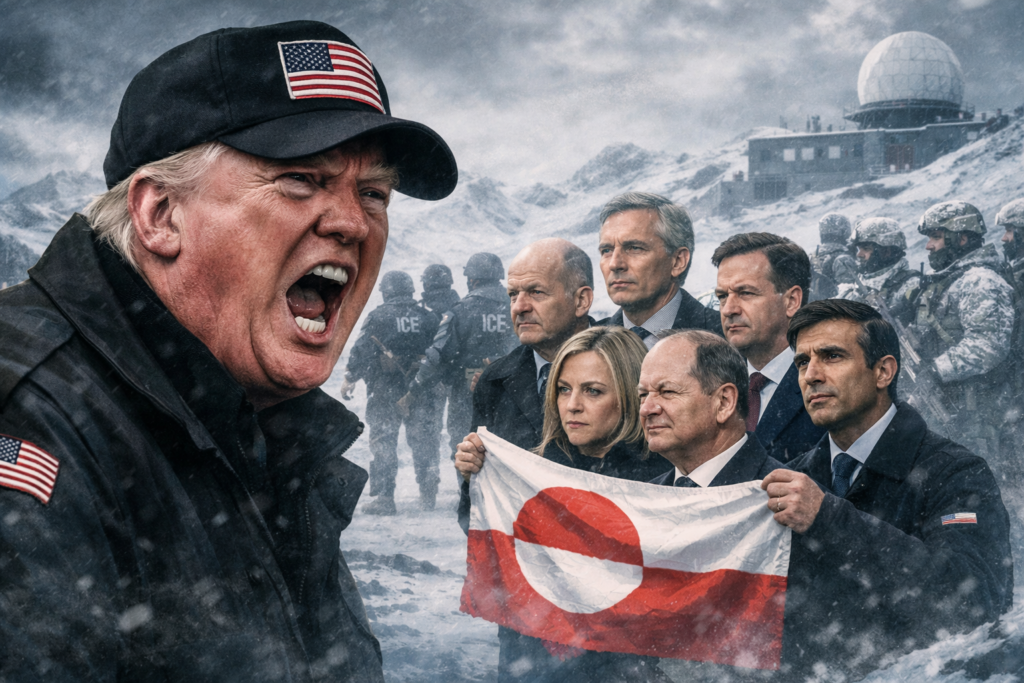 Wütend schreiender Donald Trump im Vordergrund, im Hintergrund europäische Staats- und Regierungschefs, die Grönland in einer arktischen Umgebung symbolisch schützen, flankiert von europäischen Soldaten und schemenhaften US-ICE-Beamten.