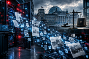 Symbolbild für Datenschutz und Cybersicherheit mit Servern, digitalen Dokumenten, Verschlüsselung und einer Justizwaage vor dem Reichstag